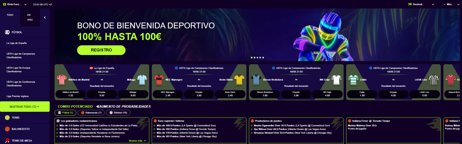 Sección de apuestas deportivas y eSports con distintos mercados en PalmSlots